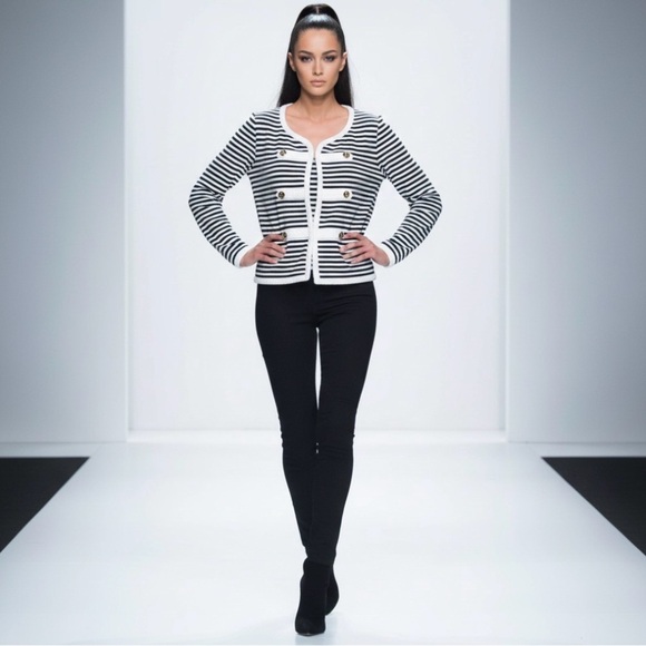 Kate Jackets & Blazers - Kate Nautical Striped Knit Cardigan Jacket w/ Braided Trim Gold Buttons - Chic